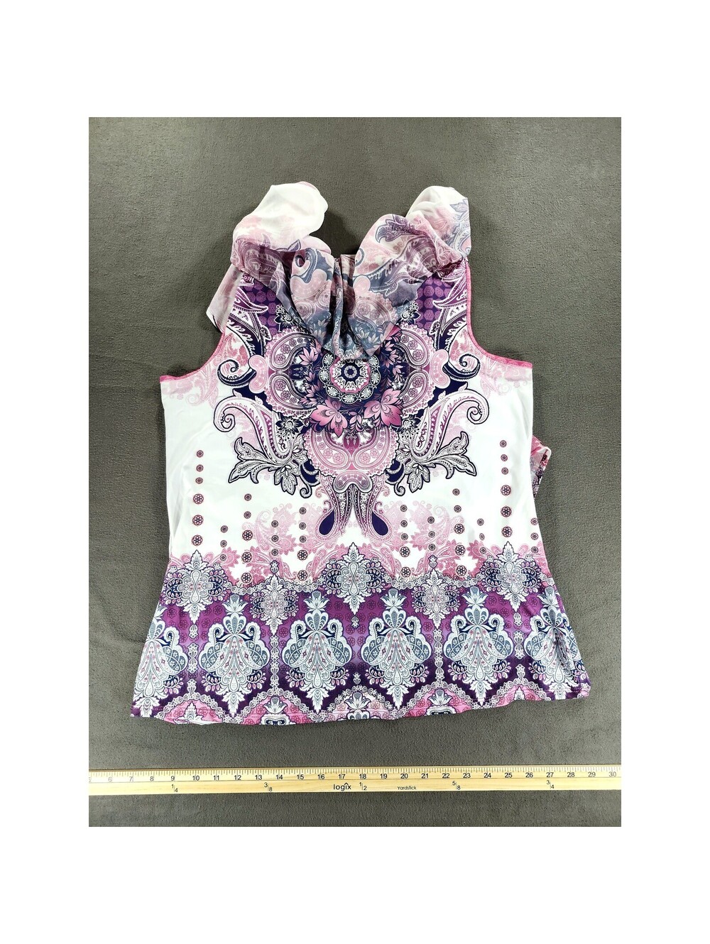 Simply Emma Womens 1X Pink Purple Paisley Flutter Sleeve Top 295 - Picture 5 of 8